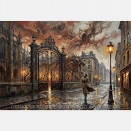 Stare miasto brama kobieta obraz olejny na płótnie 58x85 mrok zamek ciemny