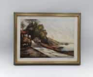 Obraz w drewnianej ramie pejzaż akwarela na rycinie Sygnowany vintage 34/44