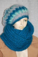 KOMPLET CZAPKA komin L RĘKODZIEŁO MOHER petrol