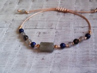 BRANSOLETK LABRADORYT,LAPIS LAZULI,KRYSZTAŁ GÓRSKI Z TURMALINEM-RĘKODZIEŁO