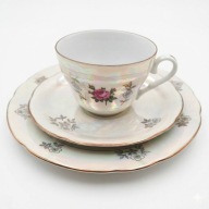 Filiżanka Trio Porcelana Iryzująca Lustrowa Różowa Róża Vintage Retro