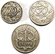 Lot 3 szt. Polskie monety obiegowe 20 gr. 1923, 50 gr. z 1923 1 zł z 1929 r