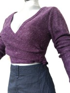 Fioletowy efektowny sweterek kopertowy – srebrna nitka akryl + poliamid