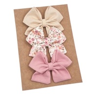 Spinki do włosów dla dziewczynki kokardki 3 szt beżowa brudny róż kwiatki