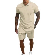 MĘSKI KOMPLET K3K STORE – POLO NA SUWAK + SZORTY – BEŻOWY – ROZMIAR XL