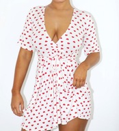 PrettyLittleThing biała sukienka mini L 40 kopertowa rozkloszowana w serca