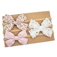 Opaski kokardki zestaw 3 szt ecru w kwiatuszki pudrowy róż i biała koronka