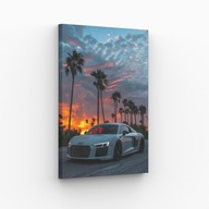 Obraz na Płótnie 30x40cm Audi R8 Palmy Tropiki Zachód Słońca Auto Sportowe