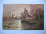 ZAGINIONY ŚWIAT DOMEK NAD STAWEM O ZACHODZIE SŁOŃCA przedwojenna POCZTÓWKA