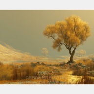 Złoty krajobraz, drzewo łąka jesień malarstwo wieś obraz na plótnie 58x70