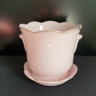 Duża pudrowo-różowa doniczka z podstawką, złocenia, falowany brzeg