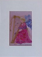 Anioł grający na harfie akwarela na papierze