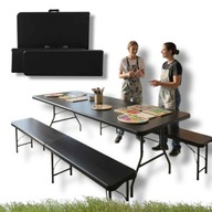 Stół Ogrodowy Składany 180cm + 2 Ławki HDPE Cateringowy Czarny Walizka