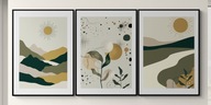 A2 ZESTAW TRZECH PLAKATÓW PLAKAT ABSTRAKCJA BOHO LIŚCIE SŁOŃCE ZIELEŃ BEŻ