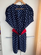 36 S H&M sukienka granatowa białe groszki czerwony pasek