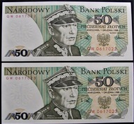 Polska bankn.2x50zł.K.Świerczewski 1988 ser.GW UNC kolejne n-ry