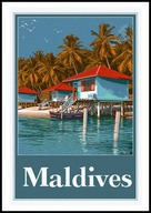 A2 KOLOROWY PLAKAT MALEDIWY MALDIVES AZJA OCEAN INDYJSKI, VINTAGE RETRO