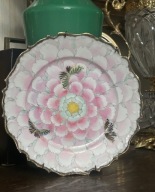 SYGNOWANY RÓŻOWY TALERZ ART DECO JAPAN KUTANI MOTYLE CHRYZANTEMY