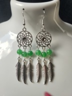 J104 Kolczyki kamienie JADEIT ZIELONE łapacz snów piórko