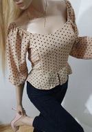 AMISU Beżowa bluzka w czarne groszki z bufkami vintage pin up S