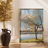 PLAKAT ozdobny B2 50x70 pejzaż drzewo jezioro łódka Nad jeziorem dekoracja