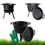 KOCIOŁEK ŻELIWNY 3W1 10L NA OGNISKO PIEKARNIK KUCHENKĘ DO OGRODU + RĘKAWICA