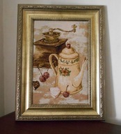 NOWY PIĘKNY TKANY GOBELIN W RAMIE UNIKAT MŁYNEK DO KAWY 59 x 45 cm