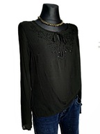 Czarna elegancka bluzka długi i 3/4 rękaw piękny dekolt koraliki r. L