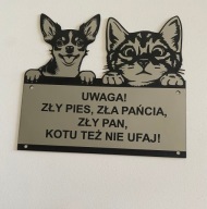 Grawerowana srebrna tabliczka uwaga pies i Kot Śmieszne + GRATIS