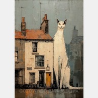 Gigantyczny duży biały kot siedzi przy budynku w mieście obraz płótno 55x80