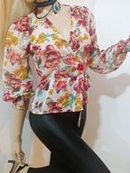 STRADIVARIUS szyfonowa bluzka w różany wzór vintage retro bufki S