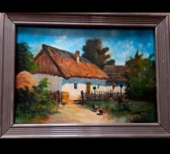 Piękny pejzaż wiejska chata strzecha i kury akryl Zorkóczy kopia