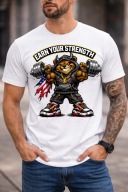 Koszulka męska L EARN YOUR STRENGTH miś kulturysta przód , biała T-shirt