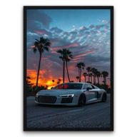Plakat z ramą 30x40cm Audi R8 Palmy Tropiki Zachód Słońca Auto Sportowe