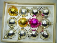 bombki szklane PRL 6cm 12 szt srebrne kropki Ręczn