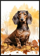 A2 59,4x42 PLAKAT OBRAZ PIES JAMNIK DACHSHUND, JESIEŃ AKWARELA DO SALONU...