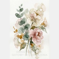Kwiaty, luźna lekka stonowana akwarela obraz na płótnie 58x85 do salonu art