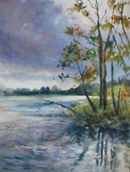 pejzaż wiatr nad stawem Akwarela Sabina Salamon 30x40