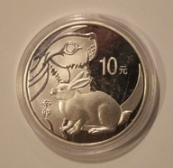ROK KRÓLIKA - CHIŃSKI ZNAK ZODIAKU - 10 YUAN CHINY, POSREBRZANY, RZADKOŚĆ