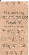 BILET KOLEJOWY -KRAKÓW GŁÓWNY -POZNAŃ GŁÓWNY -OSOBOWY -1985 rok