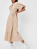 Nasty Gal beżowa kopertowa sukienka midi XXS 32 bufki, wiązana – trend
