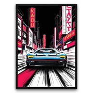 Plakat z ramą 30x40cm Auto Neon Miasto Cyberpunk Noc Samochód Styl Hit