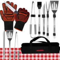 ZESTAW PRZYBORY DO GRILLA SOLIDNE SZTUĆCE I AKCESORIA Z NIERDZEWKI+RĘKAWICE