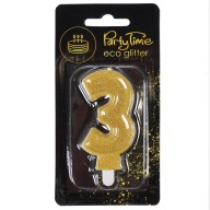 Świeczka 3 cyferka TRZY trójka - brokat złoty GOLD, urodziny PARTY.