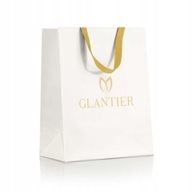 GLANTIER torebka ozdobna prezentowa z logo biała, złote uchwyty i napis