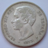 Hiszpania 5 peset 1875 - król Alfons XII - srebro