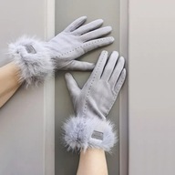 RĘKAWICZKI SZARE Z FUTERKIEM ocieplane zima vintage miłe SNIEŻNE ZIMA