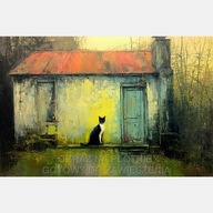 Kot przy domku bydynek malarstwo obraz olejny na płótnie 50x70 chatka art