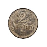 Łotewski 2 santim1 z 1922 roku. Pierwszej Republiki Łotewskiej (1922–1940).