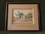 Piękna stara akwarela oprawiona za szkłem